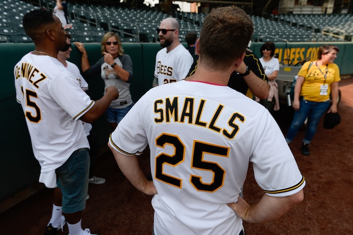 (Francisco Kjolseth  |  The Salt Lake Tribune)  Members of the cast from the movie "The Sandlot" joke around with one another as the Salt Lake Bees celebrate the 25th anniversary of the Utah-filmed movie at the Smith's Ballpark on Friday, Aug. 10, 2018.