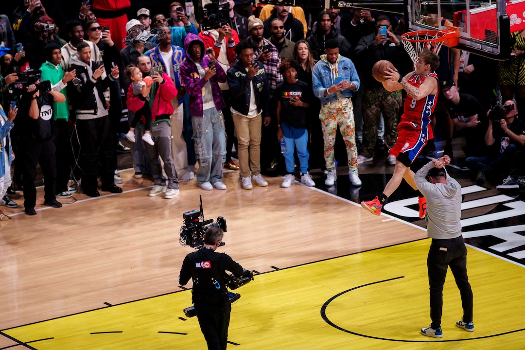 (Trent Nelson  |  The Salt Lake Tribune) Mac McClung, Philadelphia 76ers competes in the Slam Dunk competition as part of NBA All-Star Weekend, in Salt Lake City on Saturday, Feb. 18, 2023.