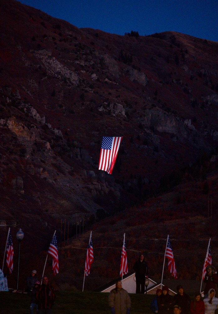 Leah Hogsten  |  The Salt Lake Tribune   Veterans, family members of active and retired military and patriotic supporters celebrated Veteran's Day at the Barker Park amphitheater in North Ogden with a  memorial for North Ogden's hometown hero Army Major Brent Russell Taylor, who was killed in action on November 3, 2018, while training an Afghan Army commando battalion in Afghanistan.
