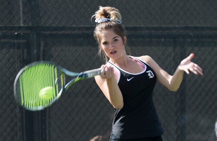 (Rick Egan  |  The Salt Lake Tribune) Mackenzie Turley, Davis High, plays Daniella Aaron, Lone Peak, in the 6A High School tennis championship game.  Turley defeated Aaron to place first in the #1 singles Friday, October 6, 2017.


