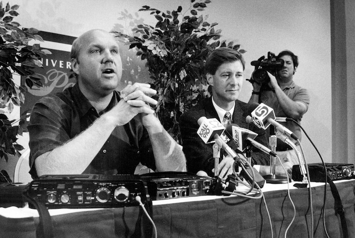 (Rick Egan  |  Tribune File Photo)  Rick Majerus and Chris Hill giving a speech in front of the media.
