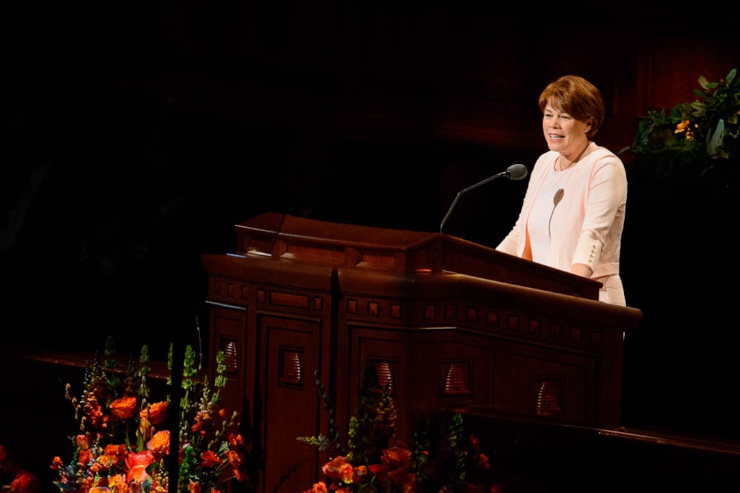 (Trent Nelson  |  The Salt Lake Tribune)  Sharon Eubank, first counselor in the general presidency of the Relief Society, speaks during the morning session of the189th Annual General Conference of The Church of Jesus Christ of Latter-day Saints in Salt Lake City on Sunday April 7, 2019.