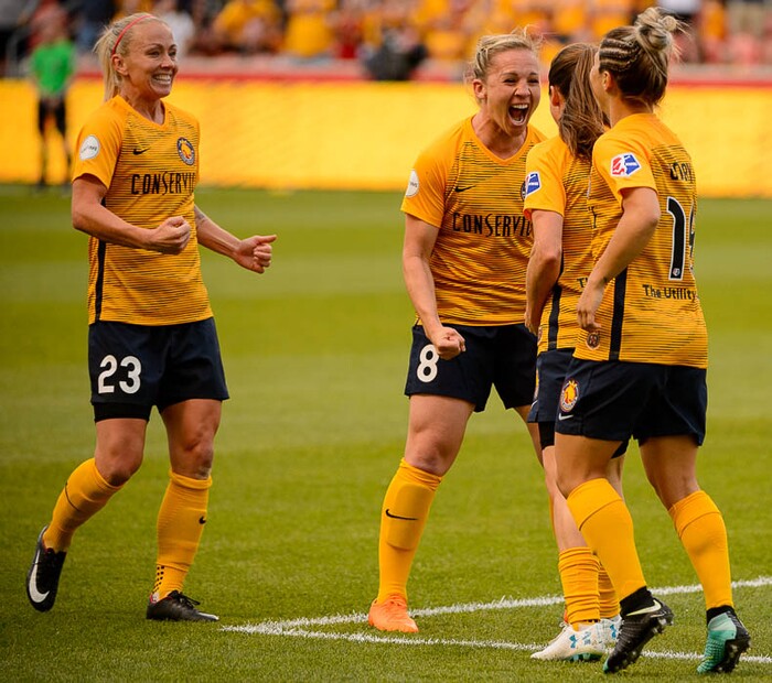 (Trent Nelson | The Salt Lake Tribune)
Utah Royals vs. Washington Spirit, soccer at Rio Tinto Stadium in Sandy, Saturday May 5, 2018. Utah Royals FC midfielder Gunnhildur Jónsdóttir (23) and Utah Royals FC forward Amy Rodriguez (8) celebrate a goal by Utah Royals FC defender Kelley O'Hara (5).