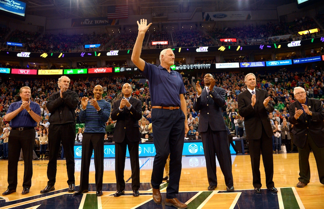 Rick Egan  | The Salt Lake Tribune Mark Eaton former Utah Jazz player from the1983-84 team, waves to the crowd, during a break in the action, during the Utah Jazz, Orlando Magic game, at EnergySolutions Arena Saturday, March 22, 2014.
