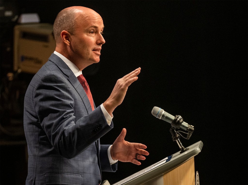 (Rick Egan | The Salt Lake Tribune) Gov. Spencer Cox speaks to media during a monthly news conference in Salt Lake City, Wednesday, Dec. 20, 2023.