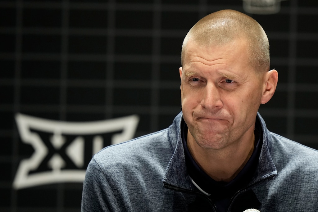 (Charlie Riedel | AP) BYU coach Mark Pope addresses the media during the NCAA college Big 12 men's basketball media day Wednesday, Oct. 18, 2023, in Kansas City, Mo.