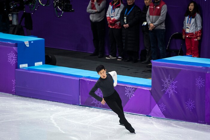 (Chris Detrick  |  The Salt Lake Tribune)  Salt Lake City's Nathan Chen gets up after falling while competing in the Men Single Skating Short Program at Gangneung Ice Arena during the Pyeongchang 2018 Winter Olympics Friday, Feb. 16, 2018. Chen finished with a score of 82.27.