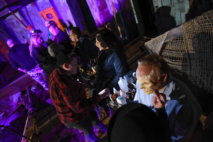(Francisco Kjolseth  |  The Salt Lake Tribune)  Local politicians fall prey to the zombie apocalypse at the Fear Factory on Thursday, Oct. 12, 2017, for a special event to raise awareness of the Utah Food Bank and kick start donations. Participating politicians included: Salt Lake County Mayor Ben McAdams, Utah House Speaker Greg Hughes, Salt Lake County Councilmember Jenny Wilson, State Senators Jim Dabakis and Karen Mayne, and Utah House member Angela Romero.
