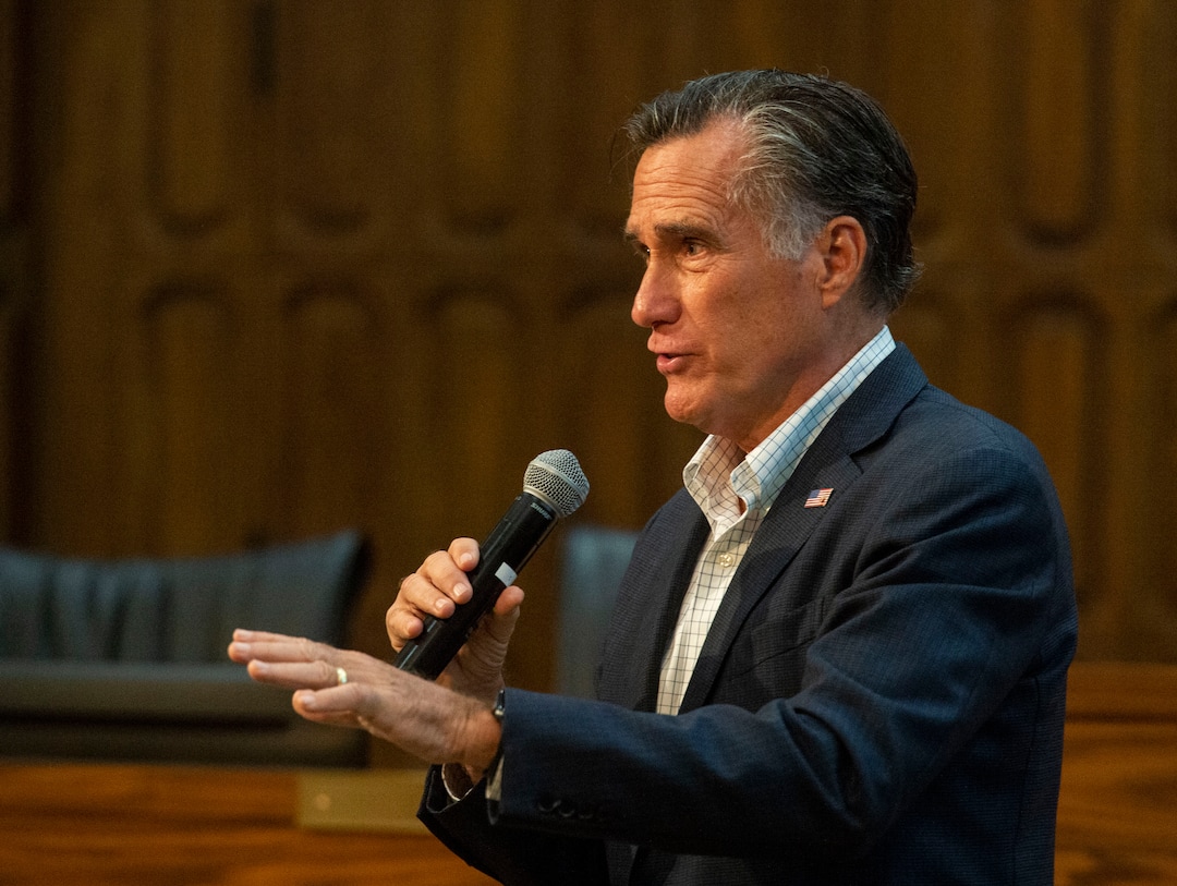 (Rick Egan  |  The Salt Lake Tribune)       Mitt Romney answers questions at a town hall meeting in the Provo City Hall Council Chambers, Friday, June 21, 2019.