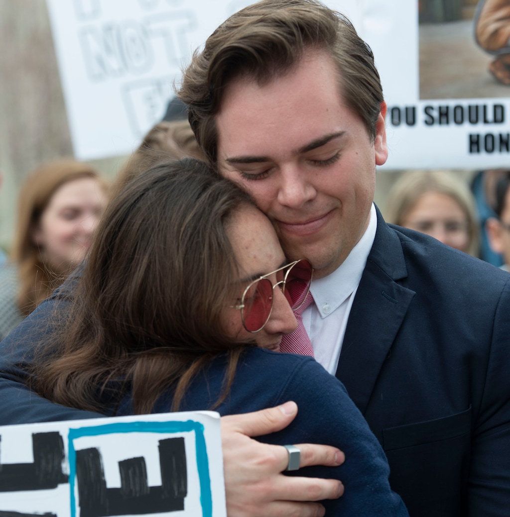 (Rick Egan  |  The Salt Lake Tribune)        Matt Easton hugs Amy Jacobs, during a rally on the campus of Brigham Young University, with hundreds of BYU students at a rally to oppose how the school’s Honor Code Office investigates and disciplines students, Friday, April 12, 2019.