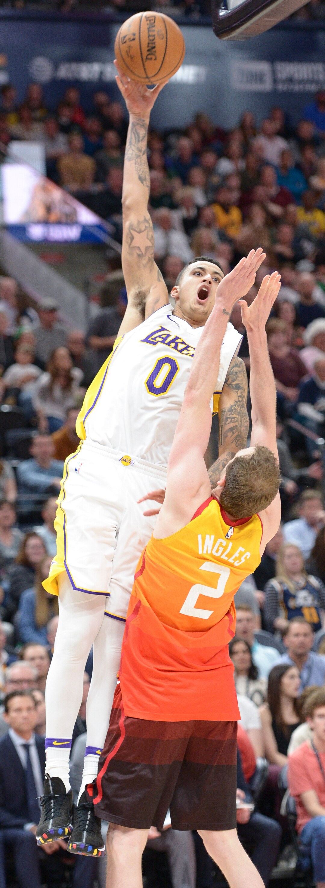(Leah Hogsten  |  The Salt Lake Tribune)  Los Angeles Lakers forward Kyle Kuzma (0) had 26 points in the game. The Utah Jazz defeated the Los Angeles Lakers 117-110 at Vivint Smart Home Arena Tuesday, April 3, 2018