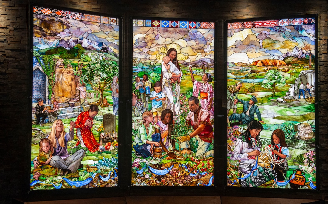 (Rick Egan  |  The Salt Lake Tribune)     Roots of Humanity Foundation unveils the first three of its "7 Pillars" windows, created by artist Tom Holdman, at the 100 Club room at the Vivint Smart Home Arena, Sunday, Aug. 25, 2019.