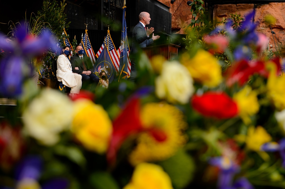 (Trent Nelson  |  The Salt Lake Tribune) Spencer Cox speaks at his inauguration as Utah's 18th Governor at Tuacahn Center for the Arts in Ivins on Monday, Jan. 4, 2021. At left are Lt. Gov. Deidre Henderson and Gabe Henderson.