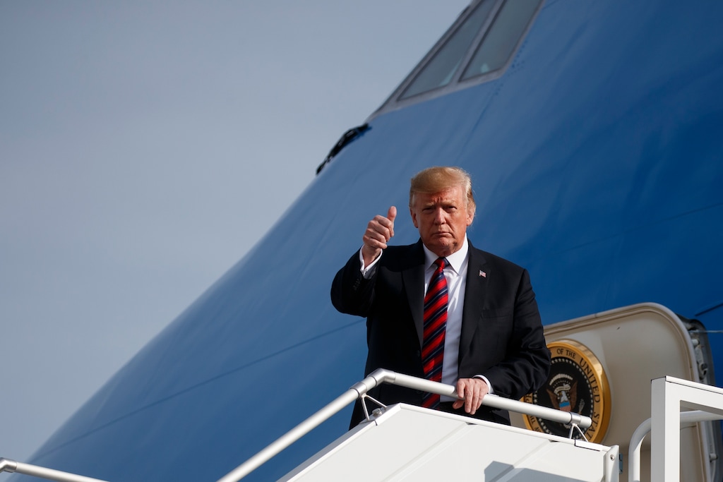 (Evan Vucci | The AP) President Donald Trump arrives at John F. Kennedy Airport Thursday, May 16, 2019, in New York. Trump is in New York for a fundraiser.