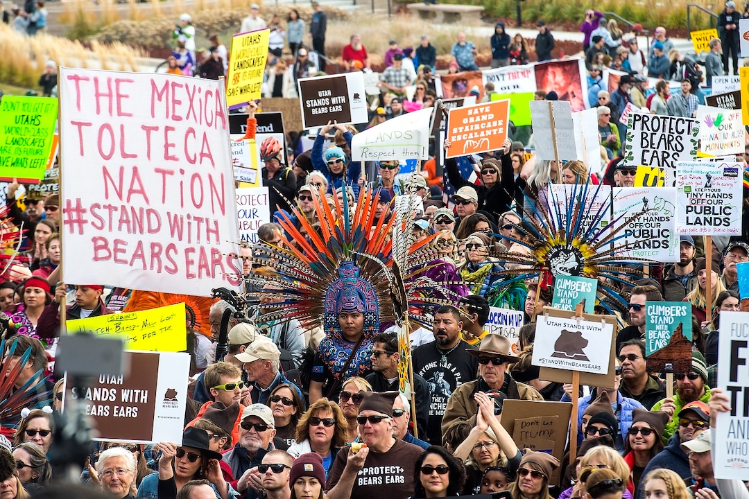 (Chris Detrick  |  The Salt Lake Tribune) Supporters of the Bears Ears and Grand Staircase-Escalante National Monuments rally at the Utah State Capitol Saturday, December 2, 2017.  Utah Highway Patrol estimated 5,000 people attended the rally. 