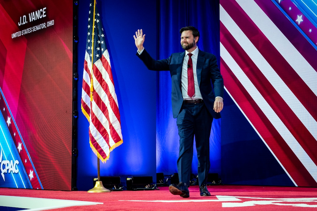 (Haiyun Jiang | The New York Times) Sen. JD Vance, R-Ohio, arrives to speak at the Conservative Political Action Conference in National Harbor, Md., on Feb. 23, 2024. Former President Donald Trump has chosen Vance to be his running mate, wagering that the young senator will bring fresh energy to the Republican ticket.