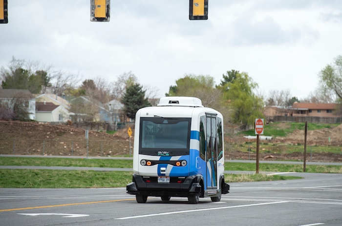 (Rick Egan  |  The Salt Lake Tribune)  The Autonomous Shuttle takes a test drive, at the test track is across the street from UDOT headquarters on the west side of 2700 West. Thursday, April 11, 2019.


