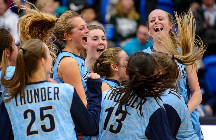 (Trent Nelson | The Salt Lake Tribune)  Westlake players celebrate the win as Hillcrest faces Westlake in the 6A High School Girls' Basketball Tournament at SLCC in Taylorsville, Thursday Feb. 22, 2018.