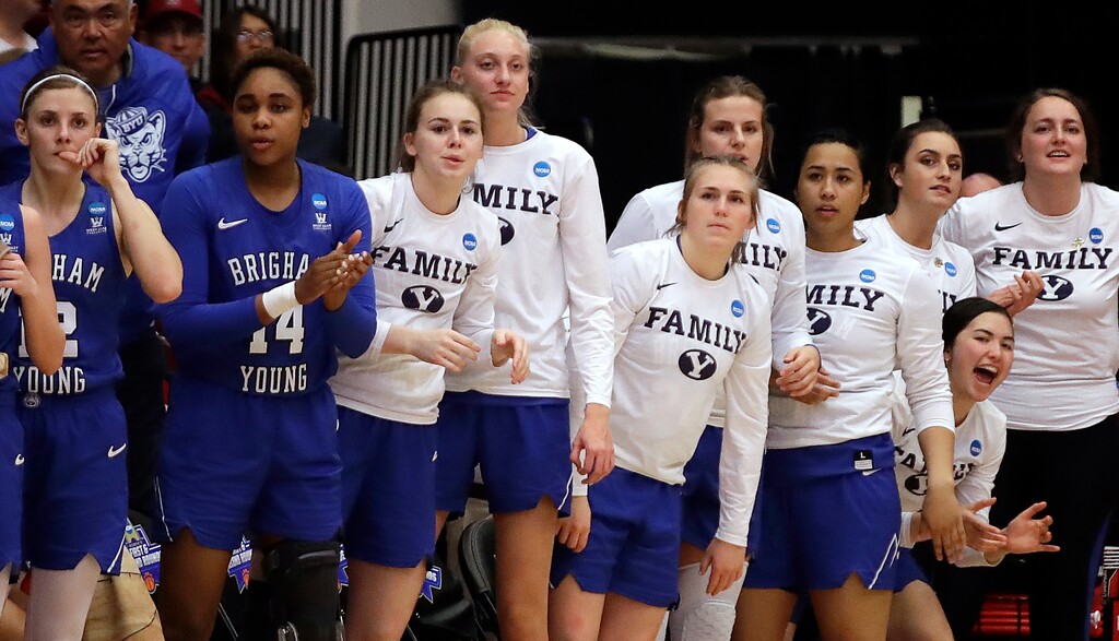 BYU players on the bench watch a teammate's shot against Stanford during the first half of a second-round game in the NCAA women's college basketball tournament Monday, March 25, 2019, in Stanford, Calif. (AP Photo/Ben Margot)