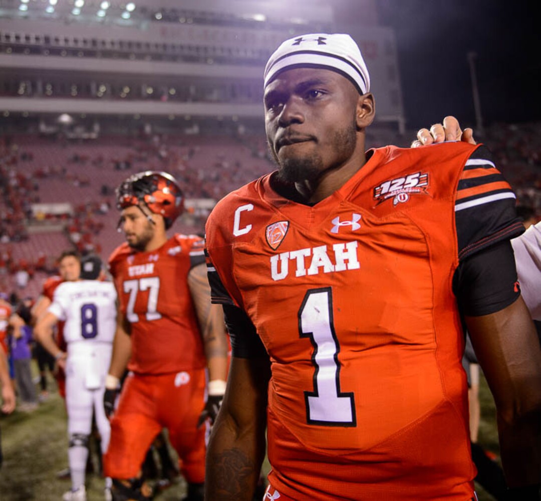 (Trent Nelson | The Salt Lake Tribune)  Utah Utes quarterback Tyler Huntley (1) as the University of Utah Utes host the Weber State Wildcats, Thursday Aug. 30, 2018 at Rice-Eccles Stadium in Salt Lake City.