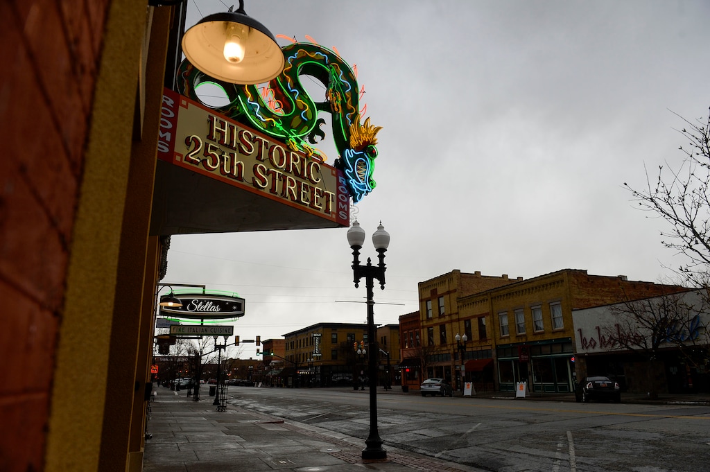 (Leah Hogsten  |  The Salt Lake Tribune) Ogden 25th Street is barren Tuesday, March 24, 2020..