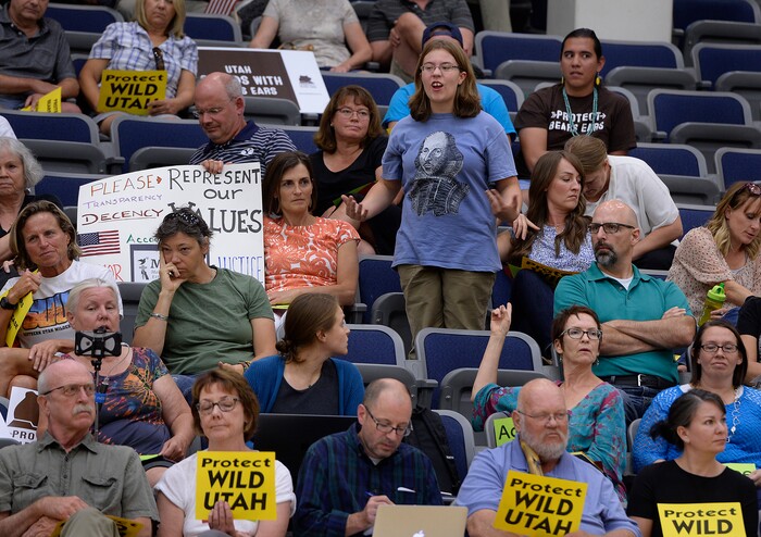 (Scott Sommerdorf   |  The Salt Lake Tribune)   
Some members of the audience were given a chance to make a statement as well as ask questions during Congressman Rob Bishop's town hall meeting held at Layton Christian Academy in Layton, Utah, Friday, August 25, 2017.