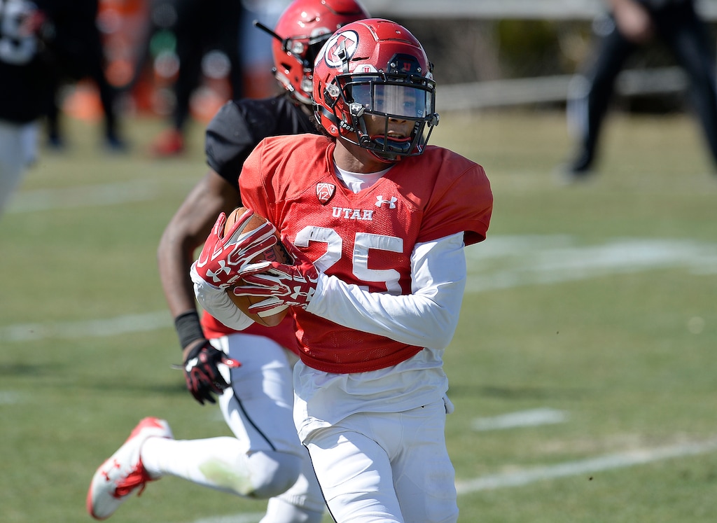 Scott Sommerdorf | The Salt Lake TribuneRB Jaylen Dixon runs for a TD after catching a pass at Utah spring football practice, Saturday, March 10, 2018.