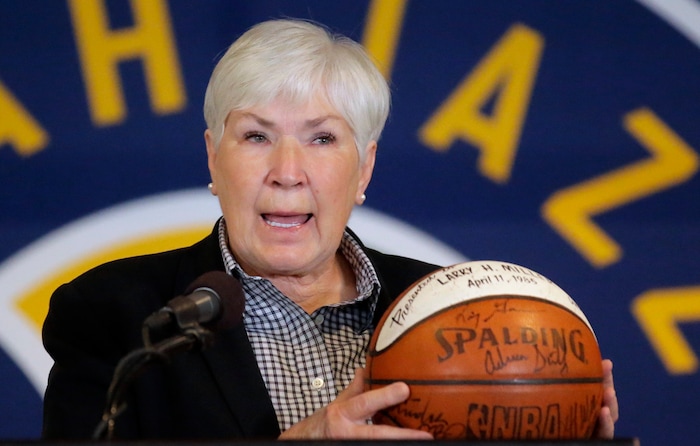 Gail Miller, owner of the the Larry H. Miller Group of Companies, announces she will transfer ownership of the Utah Jazz and Vivint Smart Home Arena to a Legacy Trust in order to keep the franchise in Utah for generations, Monday, Jan. 23, 2017, in Salt Lake City. (AP Photo/Rick Bowmer)