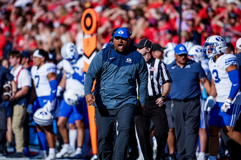 BYU head coach Kalani Sitake yells during game against Liberty. (BYU athletics)