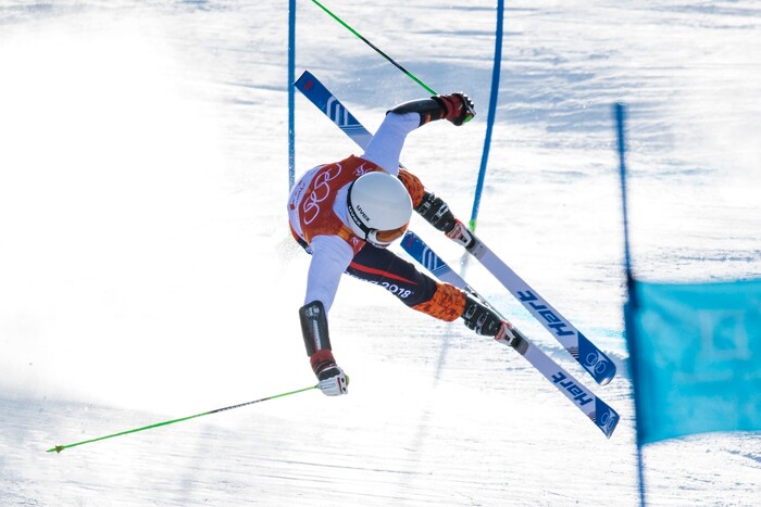 (Chris Detrick  |  The Salt Lake Tribune)  A forerunner crashes in the Men's Giant Slalom Run 1 during the Pyeongchang 2018 Winter Olympics Sunday, Feb. 18, 2018. 