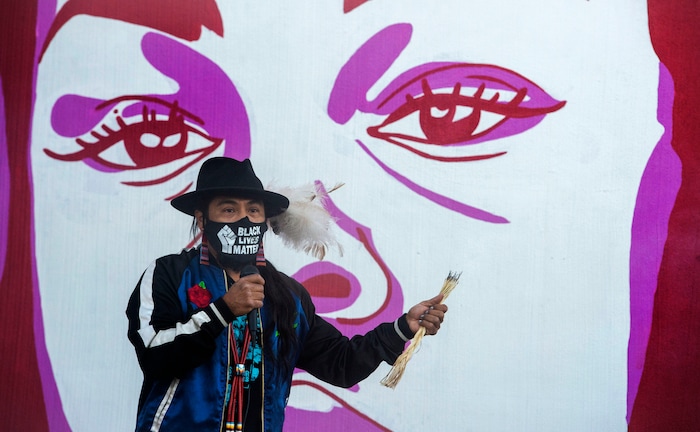 (Rick Egan  |  The Salt Lake Tribune)    Carl Moore speaks at the Indigenous Peoples Day celebration on  
Monday, Oct. 12, 2020.