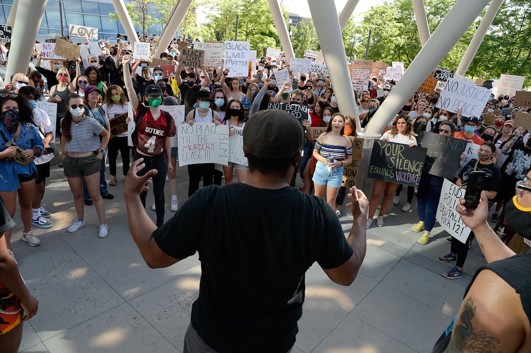 (Francisco Kjolseth  |  The Salt Lake Tribune) Demonstrators protest against police brutality at the Salt Lake City Public Safety Building on Wednesday, June 3, 2020, as the initially set 8 p.m. weeklong curfew was removed.