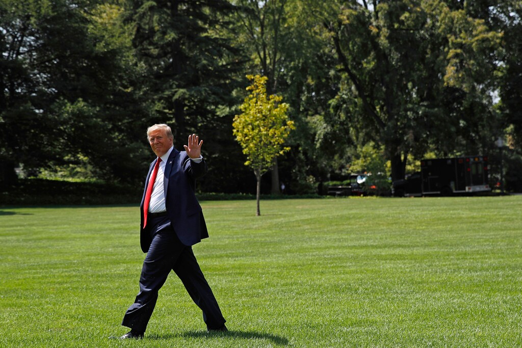 (Patrick Semansky | AP) President Donald Trump walks to Marine One after speaking with reporters on the South Lawn of the White House, Wednesday, Aug. 21, 2019, in Washington. Before he left for a speech in Kentucky, Trump said he was looking "very seriously" at ending the right to citizenship for babies born to non-U.S. citizens on American soil.