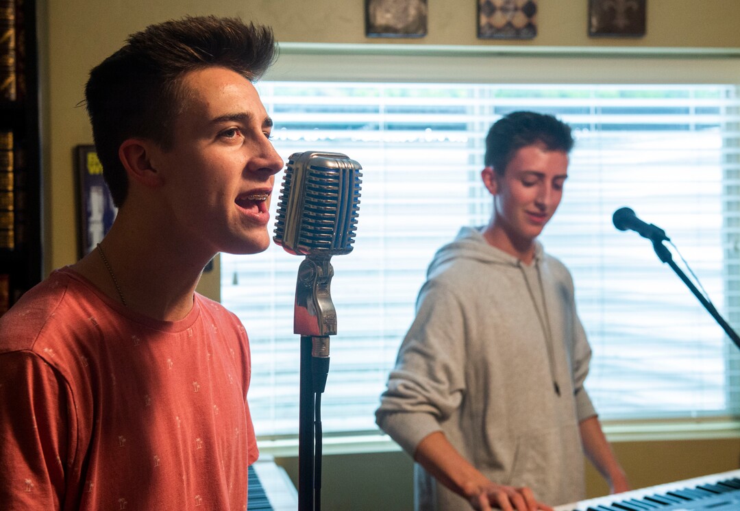 (Rick Egan  |  The Salt Lake Tribune) Woods Cross students Zach Leger and Adam Leger rehearse with members of The Rockees, a rock band that won this year's Utah PTA "Battle of the Bands" competition. Thursday, May 23, 2019.