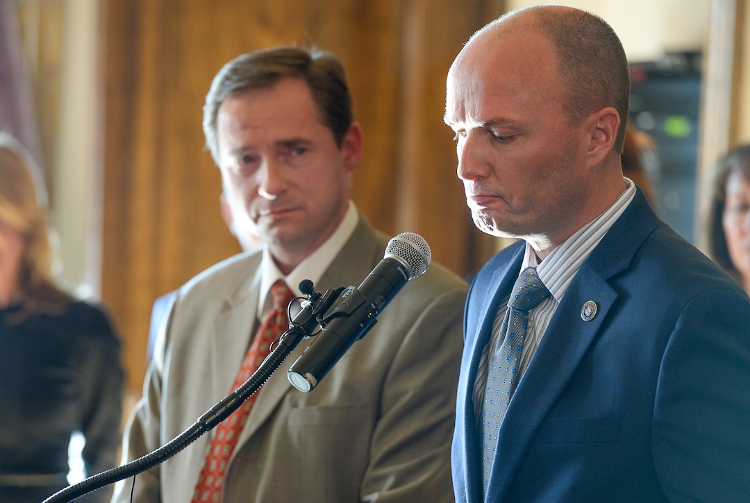 (Francisco Kjolseth  |  The Salt Lake Tribune)  Lieutenant Gov. Spencer Cox becomes emotional as he relays his own experience of being bullied as a kid and having dark thoughts at the time during a press event to announce the creation of a community teen suicide prevention task force to combat the state's rising youth suicide problems. Lt. Cox and Rep. Steve Eliason, at left, will co-chair the task force as they search for fresh answers alongside numerous others.