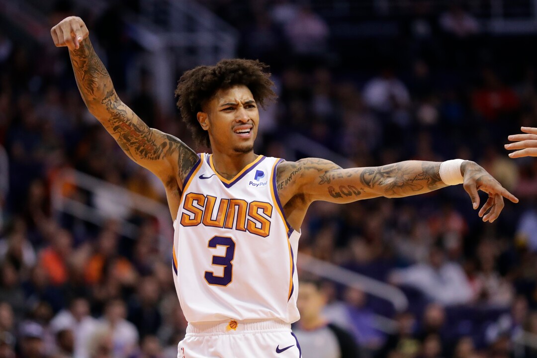 Phoenix Suns forward Kelly Oubre Jr. (3) motions to the officials during the first half of an NBA basketball game against the Utah Jazz, Monday, Oct. 28, 2019, in Phoenix. (AP Photo/Matt York)