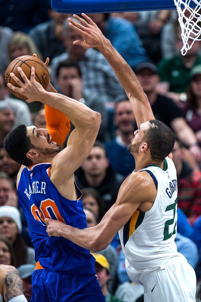 (Chris Detrick  |  The Salt Lake Tribune)  Utah Jazz center Rudy Gobert (27) blocks New York Knicks center Enes Kanter (00) during the game at Vivint Smart Home Arena Friday, January 19, 2018.  