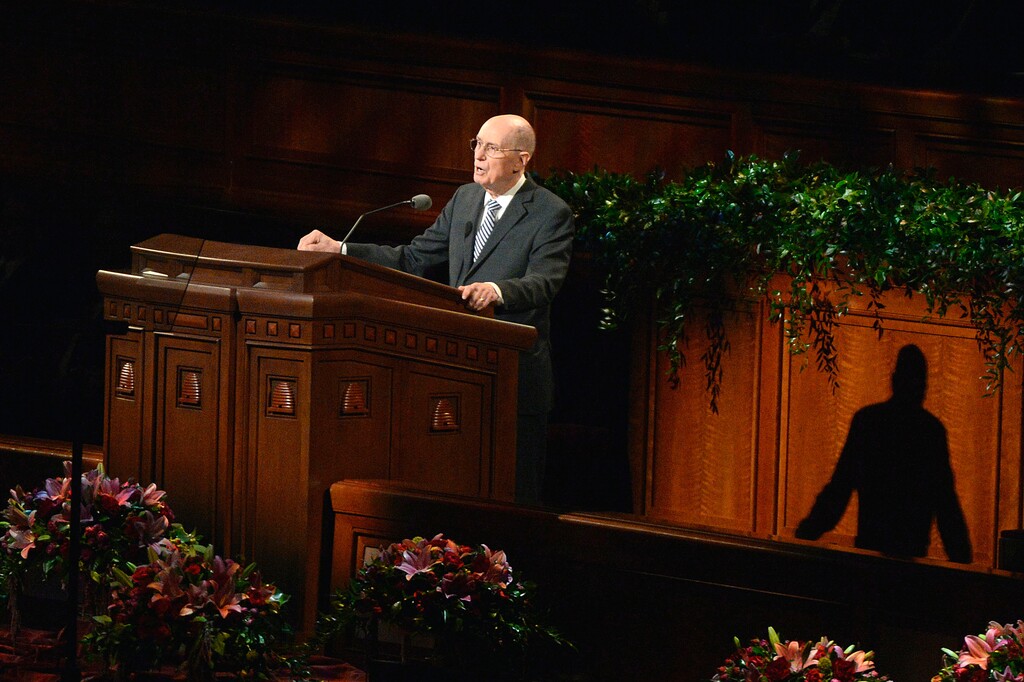 (Al Hartmann  |  The Salt Lake Tribune) 	President Henry Eyring, first counselor to the First Presidency, speaks during the Sunday morning session of the LDS Church’s 187th Semiannual General Conference in Salt Lake City on Sunday Oct. 1, 2017. 