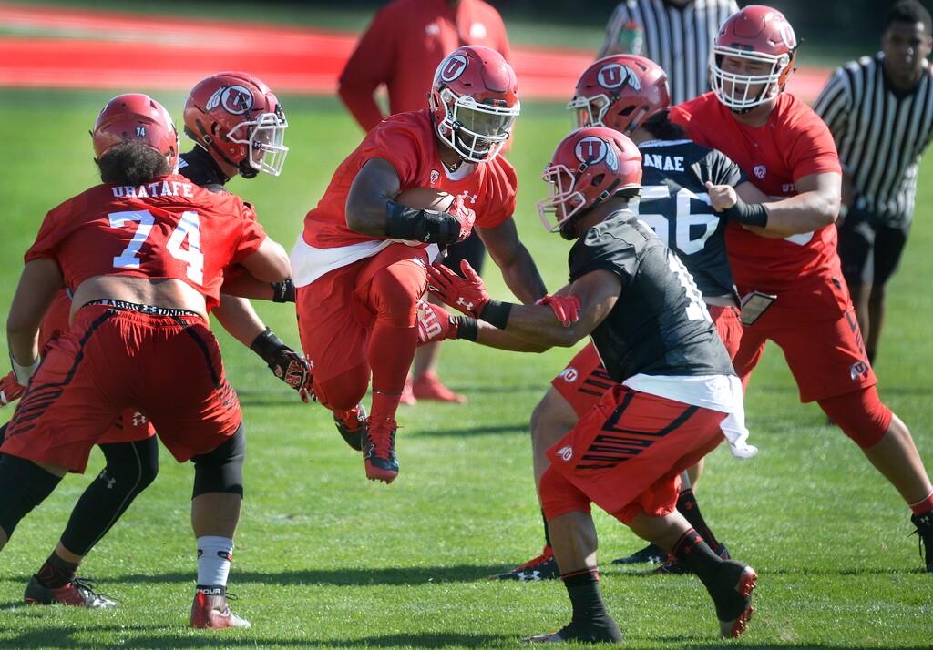 Scott Sommerdorf   |  The Salt Lake Tribune  
Utah running back Zack Moss hops through a hole during the first day of Utah fall football camp. The sophomore is now the Utes' No. 1 running back entering the season with Armand Shyne sidelined indefinitely with an injury.