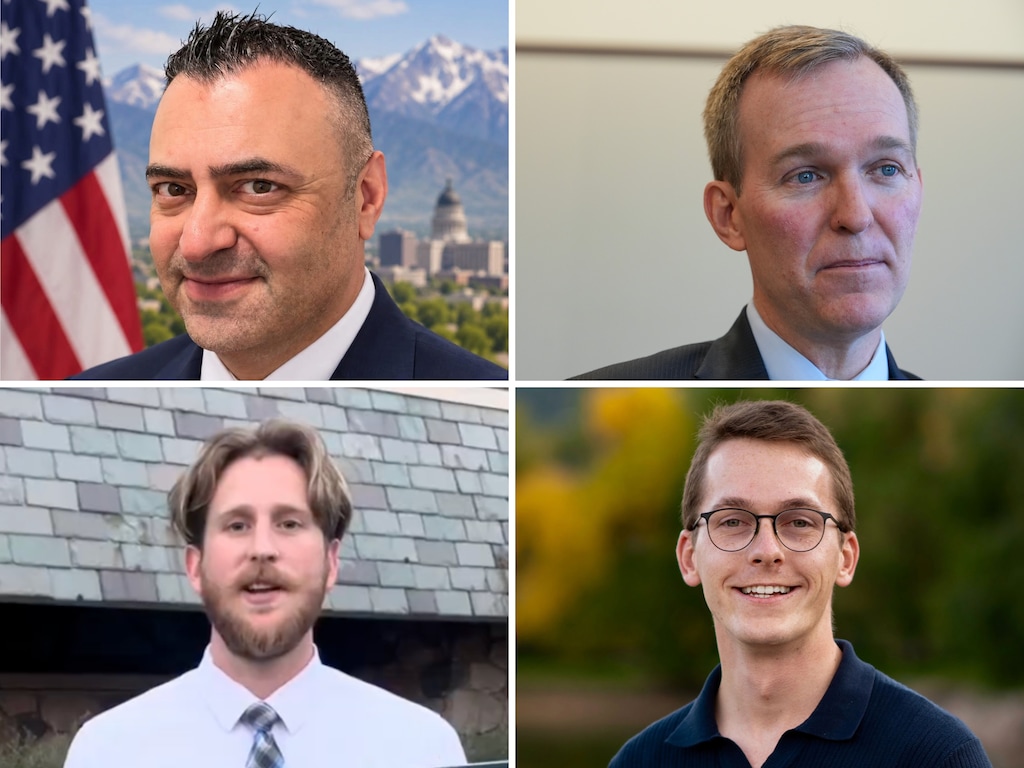 (Campaign photos; The Salt Lake Tribune) Clockwise from top left: Bob Darvish Ben McAdams, Riley Owen, and Jesse West, candidates for the 2026 1st Congressional District election.