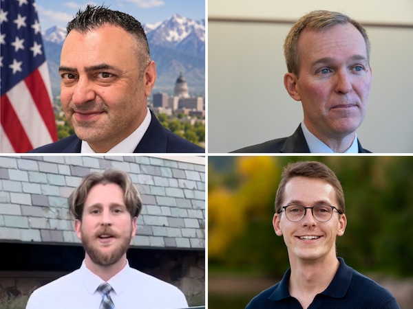 (Campaign photos; The Salt Lake Tribune) Clockwise from top left: Bob Darvish Ben McAdams, Riley Owen, and Jesse West, candidates for the 2026 1st Congressional District election.