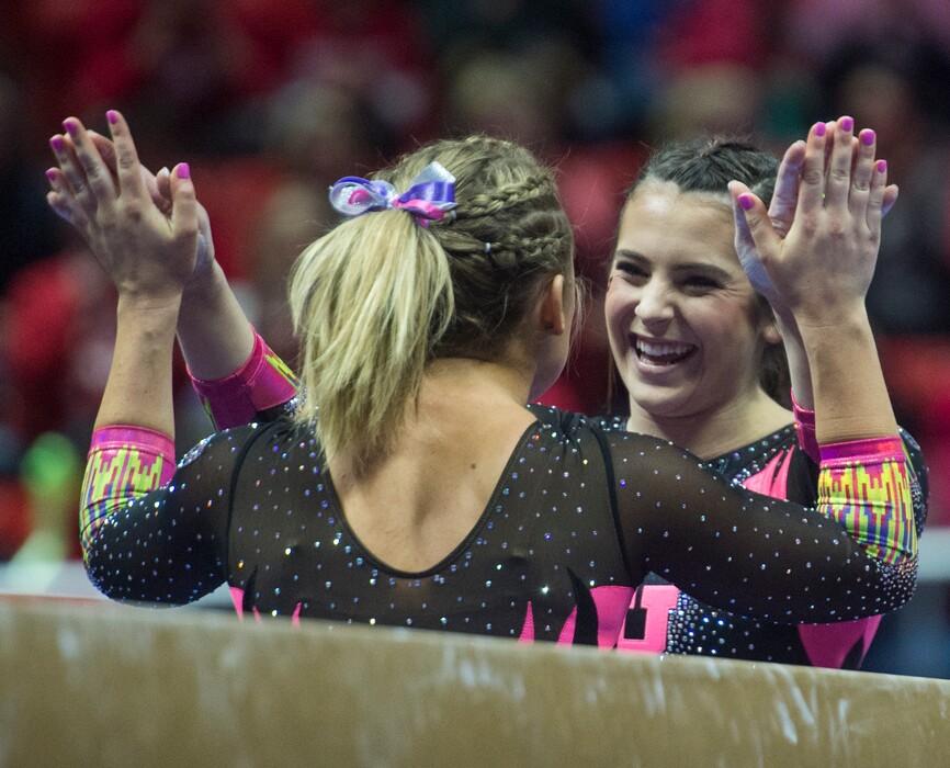 (Rick Egan  |  The Salt Lake Tribune)   Alexia Burch reacts after she competed on the beam for Utah, in Gymnastics action Utah vs. Oregon State at the Jon M. Huntsman Center, Friday, January 19, 2018.