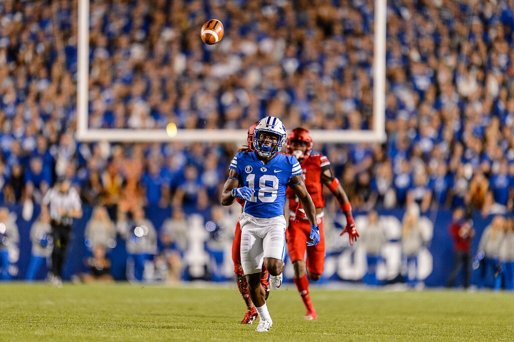 (Trent Nelson | The Salt Lake Tribune)  Brigham Young Cougars defensive back Michael Shelton (18) chases down a kick as BYU hosts Utah, NCAA football in Provo, Saturday September 9, 2017.