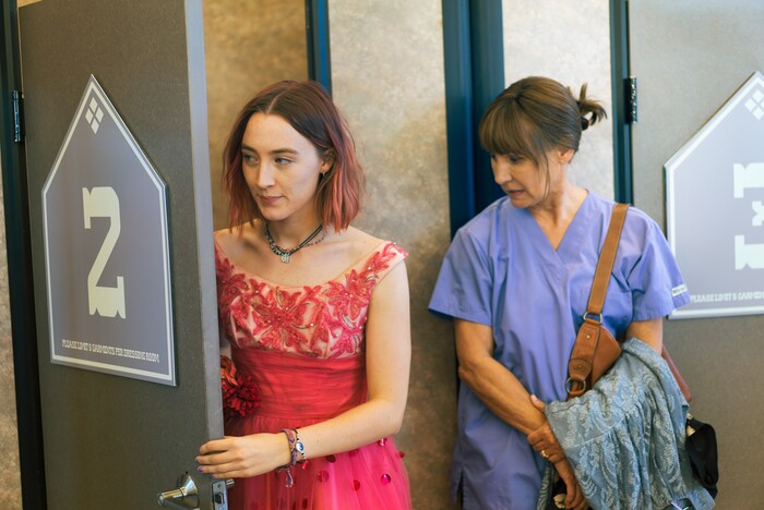 This image released by A24 Films shows Saoirse Ronan, left, and Laurie Metcalf in a scene from "Lady Bird." The 62-year-old Metcalf has already gotten supporting actress nominations from the Screen Actors Guild, the Golden Globes and the Independent Spirit Awards. She says she’s flattered by the attention, which she also calls surreal. And on January 23, she might add the coveted Oscar nomination to her resume too. (Merie Wallace/A24 via AP)