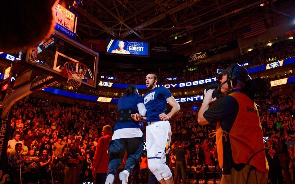 Utah Jazz center Rudy Gobert (27) enters the court before the team's NBA basketball game against the Atlanta Hawks on Friday, Feb. 1, 2019, in Salt Lake City. (Leah Hogsten/The Salt Lake Tribune via AP)