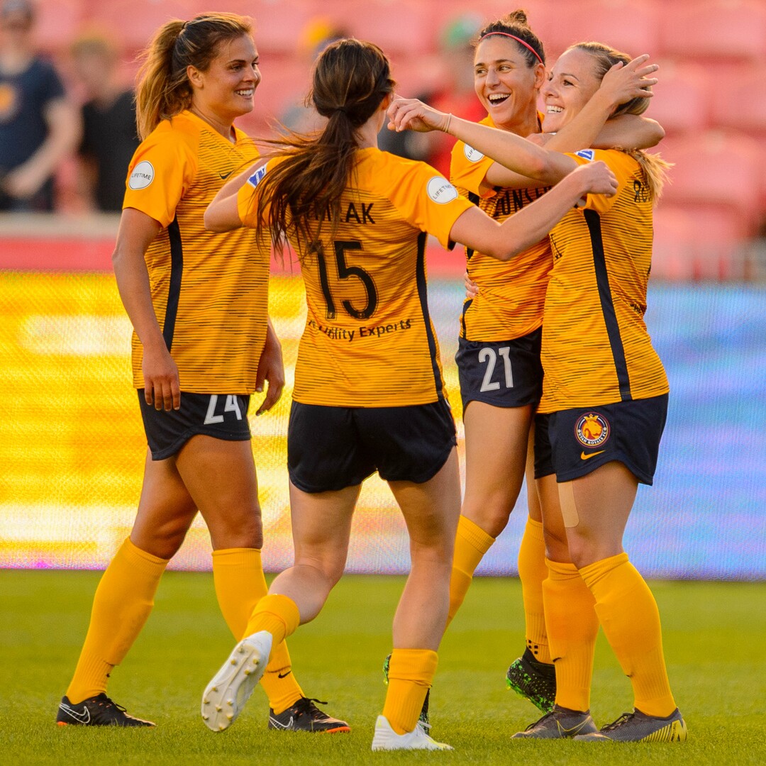 (Trent Nelson  |  The Salt Lake Tribune)  Utah Royals FC forward Amy Rodriguez (8, right) celebrates her first half goal as Utah Royals FC hosts Sky Blue FC at Rio Tinto Stadium in Sandy on Saturday June 15, 2019.