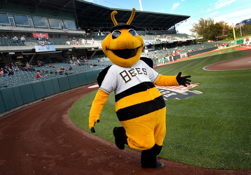 (Scott Sommerdorf   |  Tribune file photo) Bumble makes his entrance prior to the Salt Lake Bees 2015 home opener. Bumble won't be seen on the field or in the stadium as often this season because of COVID-19.