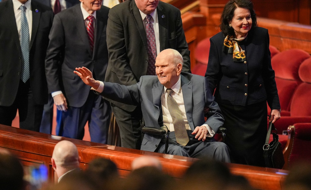 (Chris Samuels | The Salt Lake Tribune) President Russell M. Nelson waves to attendees at the conclusion of General Conference of The Church of Jesus Christ of Latter-day Saints in Salt Lake City in April 2025. He died Saturday night at age 101.