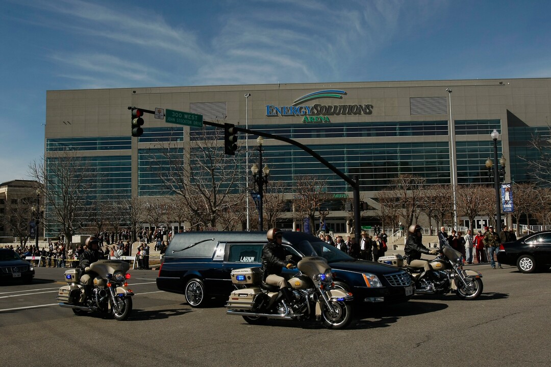 (Chris Detrick  |  Tribune file photo) The hearse carrying the body of Larry H. Miller drives by the EnergySolutions Arena during the funeral procession on the way to the Salt Lake City cemetery Saturday, February 28, 2009.