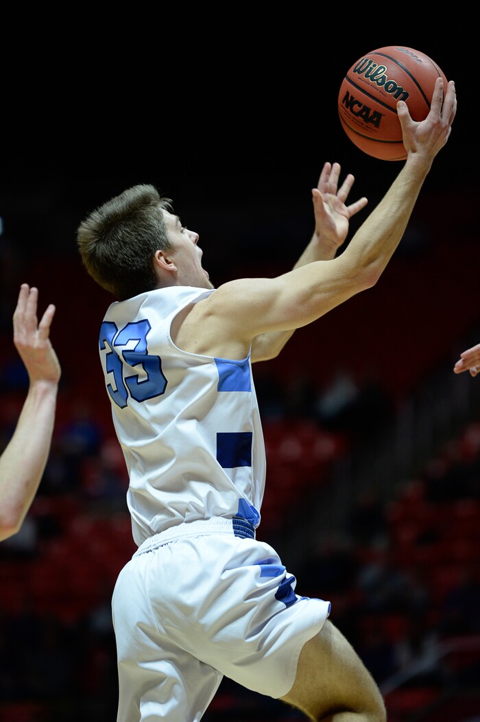 (Francisco Kjolseth  |  The Salt Lake Tribune)  Westlake vs Layton, 6A State high school basketball tournament at the Huntsman Center in Salt Lake City, Thursday March 1, 2018. Brooks Kokkola (33) goes to the basket in the final minutes against Westlake. 